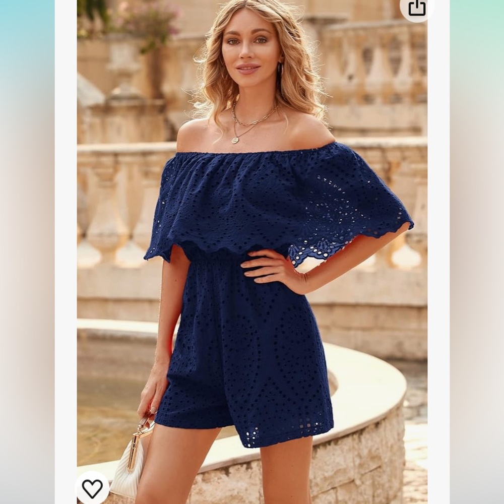 NWT pretty garden navy off shoulder embroidery romper size L.